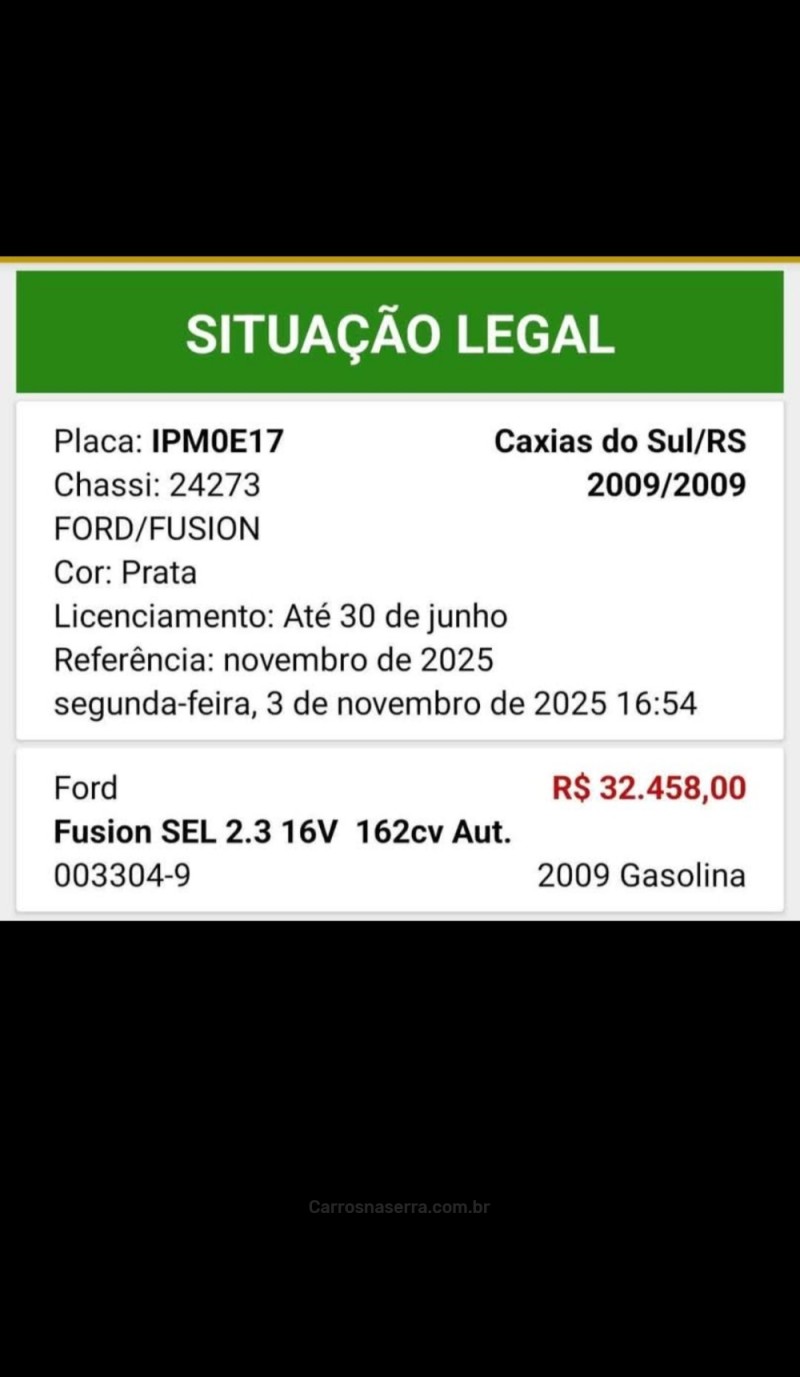 FUSION 2.3 SEL 16V GASOLINA 4P AUTOMÁTICO - 2009 - BENTO GONçALVES