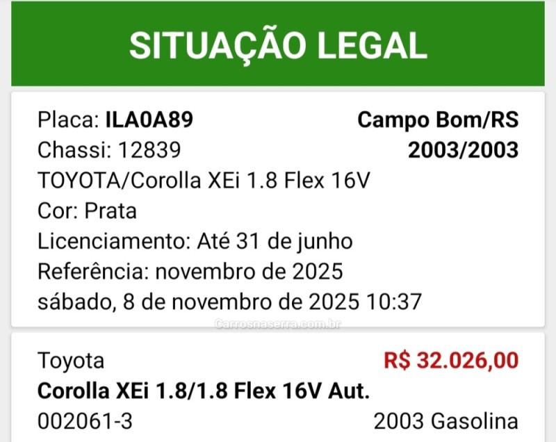 COROLLA 1.8 XEI 16V GASOLINA 4P AUTOMÁTICO - 2003 - BENTO GONçALVES