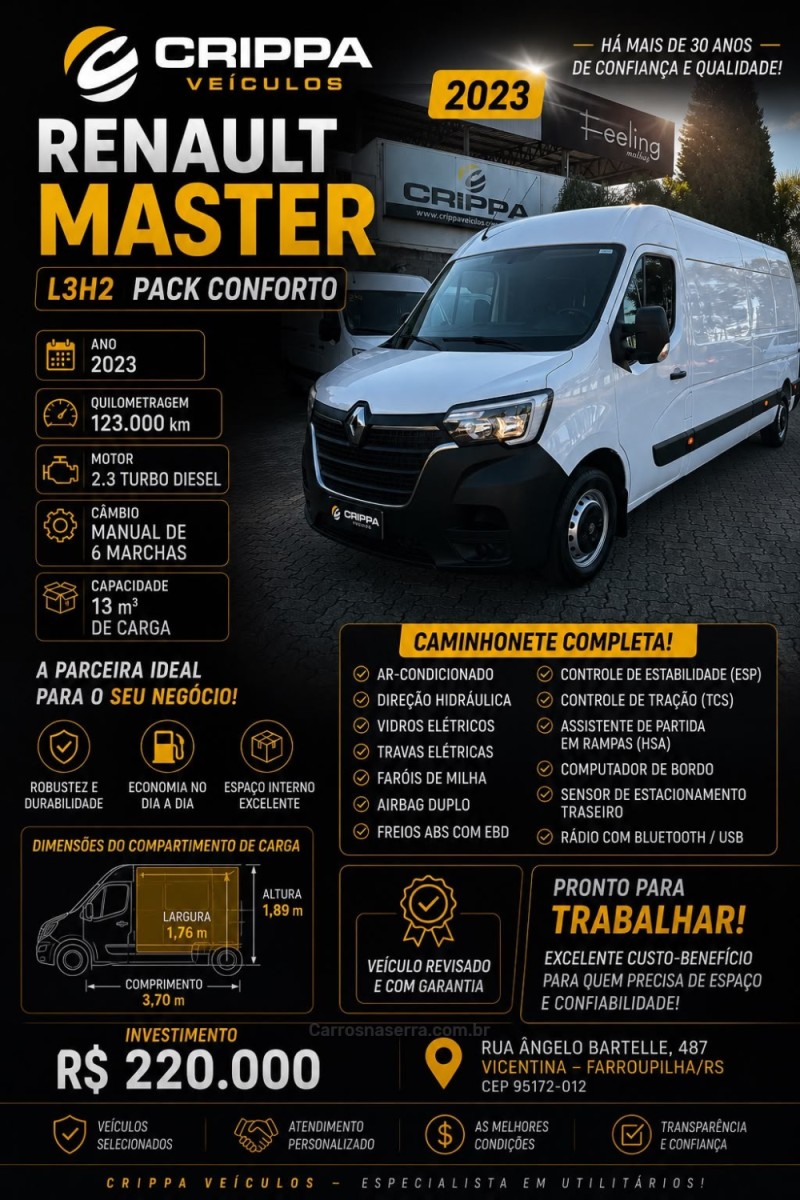 master 2.3 extra furgao l3h2 16v turbo intercooler diesel 4p manual 2023 farroupilha