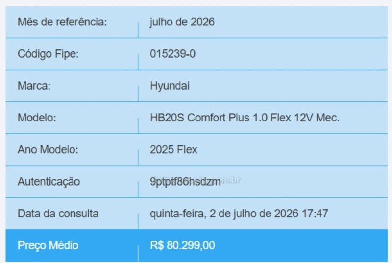 HB20S 1.0 COMFORT PLUS 12V FLEX 4P MANUAL - 2025 - PASSO FUNDO