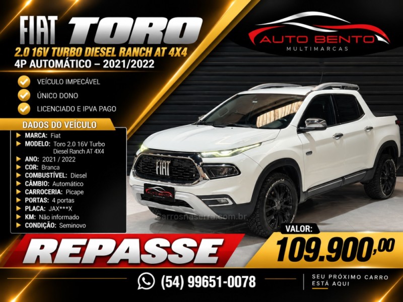 toro 2.0 16v turbo diesel ranch at 4x4 automatico 2022 bento goncalves